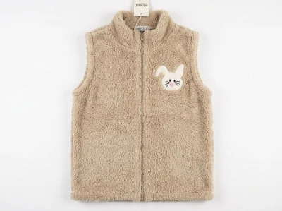 Toptan MENSİS Tavşan Nakışlı Welsoft Peluş Kız Yelek Beige - Beniz Bebe