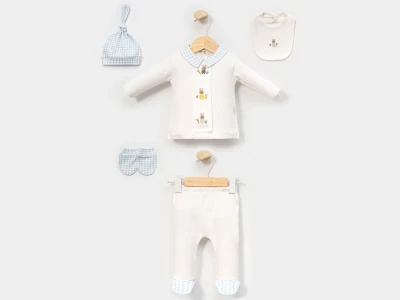 Toptan CAYZEN Tavşan Nakışlı Yakalı Şapkalı 5'li Hastane Çıkışı Zıbın Set - Toptan Çocuk Giyim Beniz Kids