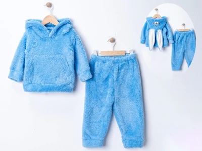 Toptan DENİTO Tavşan Şapkalı Kanguru Cepli Peluş Unisex Takım  - Toptan Çocuk Giyim Beniz Kids
