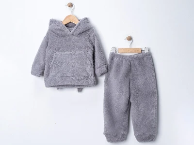 Toptan DENİTO Tavşan Şapkalı Kanguru Cepli Peluş Unisex Takım  Grey - Beniz Bebe