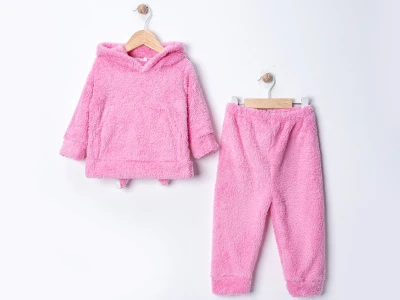 Toptan DENİTO Tavşan Şapkalı Kanguru Cepli Peluş Unisex Takım  Pink - Beniz Bebe