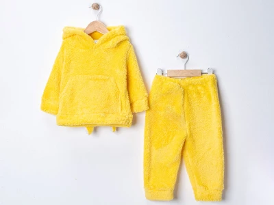 Toptan DENİTO Tavşan Şapkalı Kanguru Cepli Peluş Unisex Takım  Yellow - Beniz Bebe
