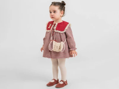 Toptan COCOSİSS Tavşan nakışlı Çantalı Ekose Elbise - Toptan Çocuk Giyim Beniz Kids