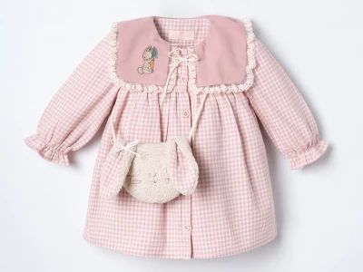 Toptan COCOSİSS Tavşan nakışlı Çantalı Ekose Elbise Pink - Beniz Bebe