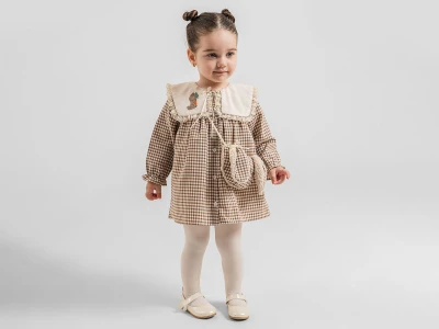 Toptan COCOSİSS Tavşan nakışlı Çantalı Ekose Elbise Brown - Beniz Bebe