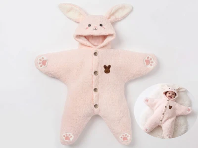 Toptan CAYZEN Tavşan nakışlı Kapşonlu Welsoft Peluş Bebek Tulum - Toptan Çocuk Giyim Beniz Kids