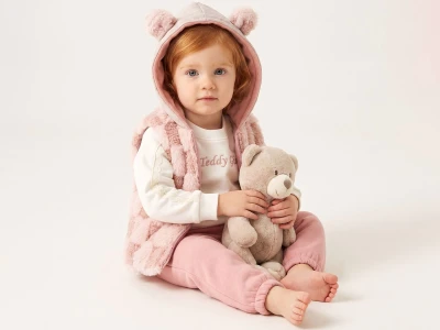 Toptan BEBLY Teddy Detay 3'lü Kız Bebek Takım PUDRA - Beniz Bebe
