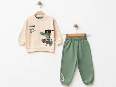 Toptan BEBİNNİ Timsah Baskılı Erkek Bebe Takım  YEŞİL - Beniz Bebe