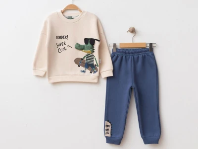 Toptan BEBİNNİ Timsah Detay Şardonlu 3 İp Erkek Çocuk Takım BLUE - Beniz Bebe