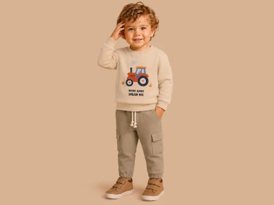 Toptan LUCY Traktör Baskılı 3 İp Şardonlu Erkek Takım Beige - Beniz Bebe
