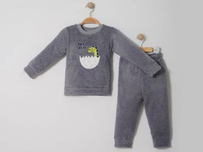 Toptan LİZARD Trex Nakışlı Well Soft Peluş Erkek Takım  GRİ - Beniz Bebe