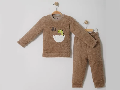 Toptan LİZARD Trex Nakışlı Well Soft Peluş Erkek Takım  KAHVERENGİ - Beniz Bebe