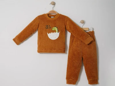Toptan LİZARD Trex Nakışlı Well Soft Peluş Erkek Takım  KOYUKAHVE - Beniz Bebe