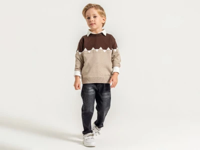 Toptan YAVRUCAK Triko 3'lü Erkek Çocuk Takım Beige - Beniz Bebe