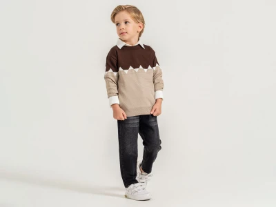 Toptan YAVRUCAK Triko 3'lü Erkek Çocuk Takım Beige - Beniz Bebe