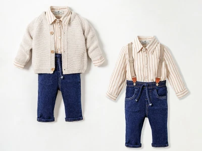 Toptan COCOSİSS Triko Hırkalı Üçlü Erkek Bebe Takım Пломбир - Beniz Bebe