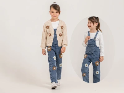Toptan PAMPAL KİDS Triko Hırkalı Üçlü Kız Kot Salopet Set - Toptan Çocuk Giyim Beniz Kids