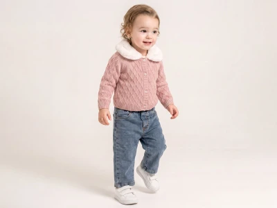 Toptan PAMPAL KİDS Triko Hırkalı Üçlü Kız Takım GÜLKURUSU - Beniz Bebe
