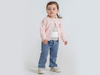 Toptan PAMPAL KİDS Triko Hırkalı Üçlü Kız Takım PEMBE - Beniz Bebe
