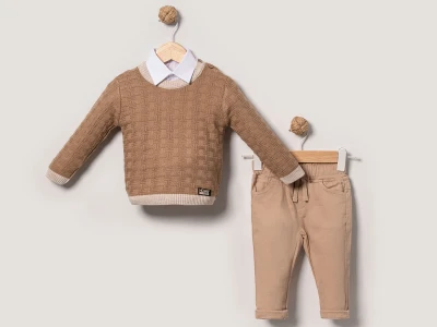 Toptan NOWA Triko Süveterli Gömlekli Erkek Bebe Üçlü Takım   KAHVERENGİ - Beniz Bebe