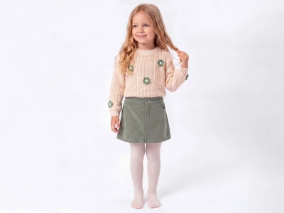 Toptan ÇİLEK BEBE Trikolu Çiçek Detaylı Etekli Kız Takım ЗЕЛЕНЫЙ - Beniz Bebe
