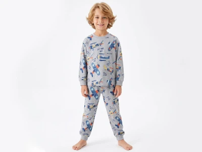 Toptan İSOBEL Uçak Desenli Erkek Pijama Takım - Toptan Çocuk Giyim Beniz Kids