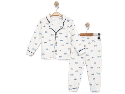 Uçak Desenli Yakalı Düğmeli Erkek Pijama Takım