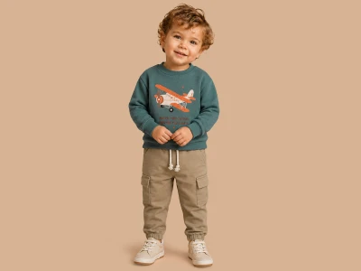 Toptan LUCY Uçak Nakışlı Cepli 3 İp Şardonlu Erkek Bebe Takım   - Toptan Çocuk Giyim Beniz Kids