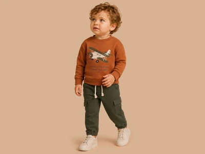 Toptan LUCY Uçak Nakışlı Cepli 3 İp Şardonlu Erkek Bebe Takım   Brown - Beniz Bebe