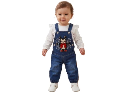 Toptan MONAROSETTA Uğur Böceği Nakışlı Kız Bebe Salopet Takım  BEYAZ - Beniz Bebe