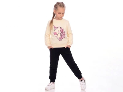Toptan CMK Unicorn Baskılı 3 İp Şardonlu Kız Takım  SİYAH - Beniz Bebe