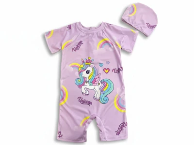 Unicorn Baskılı Boneli Kız Mayo Tulum