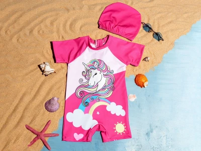 Unicorn Baskılı Boneli Kız Mayo Tulum