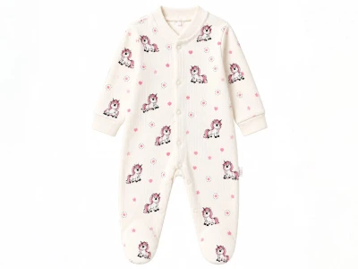 Toptan SÜPERMİNİ  Unicorn Baskılı Kız Bebe Tulum KREM - Beniz Bebe