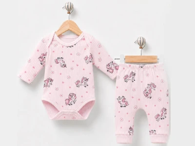 Toptan SÜPERMİNİ  Unicorn Desenli Kız Bebe Takım  PEMBE - Beniz Bebe
