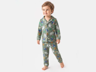 Toptan DOLAŞ Uzay Desenli Yakalı Düğmeli Erkek Pijama Takım YEŞİL - Beniz Bebe