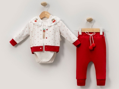 Vişne Nakışlı Hırkalı Üçlü Bebe Takım