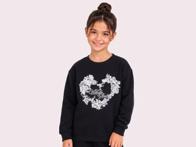 Toptan ROYA KİDS Vintage Baskılı 3 İp Şardonlu Kız Sweat  SİYAH - Beniz Bebe