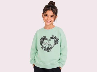 Toptan ROYA KİDS Vintage Baskılı 3 İp Şardonlu Kız Sweat  SUYEŞİLİ - Beniz Bebe