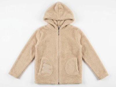 Toptan MENSİS W Nakışlı Kapşonlu Welsoft Peluş Ceket Beige - Beniz Bebe