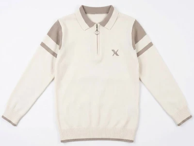 Toptan METEX X Nakışlı Yakalı Fermuarlı Triko Erkek Sweat  KREM - Beniz Bebe