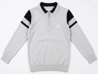 Toptan METEX X Nakışlı Yakalı Fermuarlı Triko Erkek Sweat  GRİ - Beniz Bebe