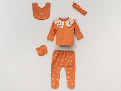 Yaka Dantelli Kız Bebe 5li Hastane Çıkışı Zıbın Set
