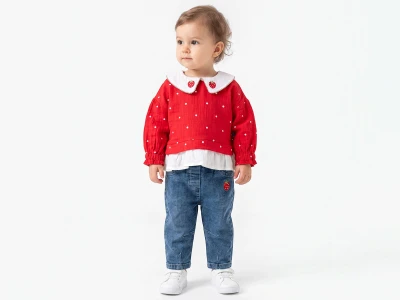 Yakalı Çilek Nakışlı Kız Bebe Takım 
