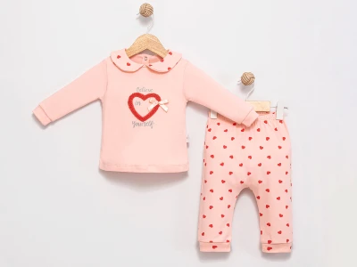 Yakalı Kalp baskılı Kız Bebe Takım 