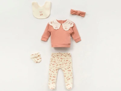 Toptan VOVİDO Yakalı Kiraz Nakışlı 5li Kız Yenidoğan Zıbın Set - Toptan Çocuk Giyim Beniz Kids