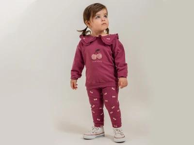 Yakalı Vişne Nakışlı Kız Bebe Takım 