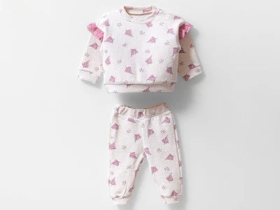 Toptan BAM-BİNO Yaprak Desenli Kız Bebe Takım  PEMBE - Beniz Bebe