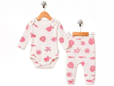 Toptan SÜPERMİNİ  Yaprak Desenli Kız Takım  PEMBE - Beniz Bebe