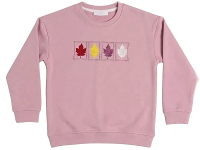 Toptan CMK Yaprak Nakışlı 3 İp Şardonlu Kız Sweat  PEMBE - Beniz Bebe